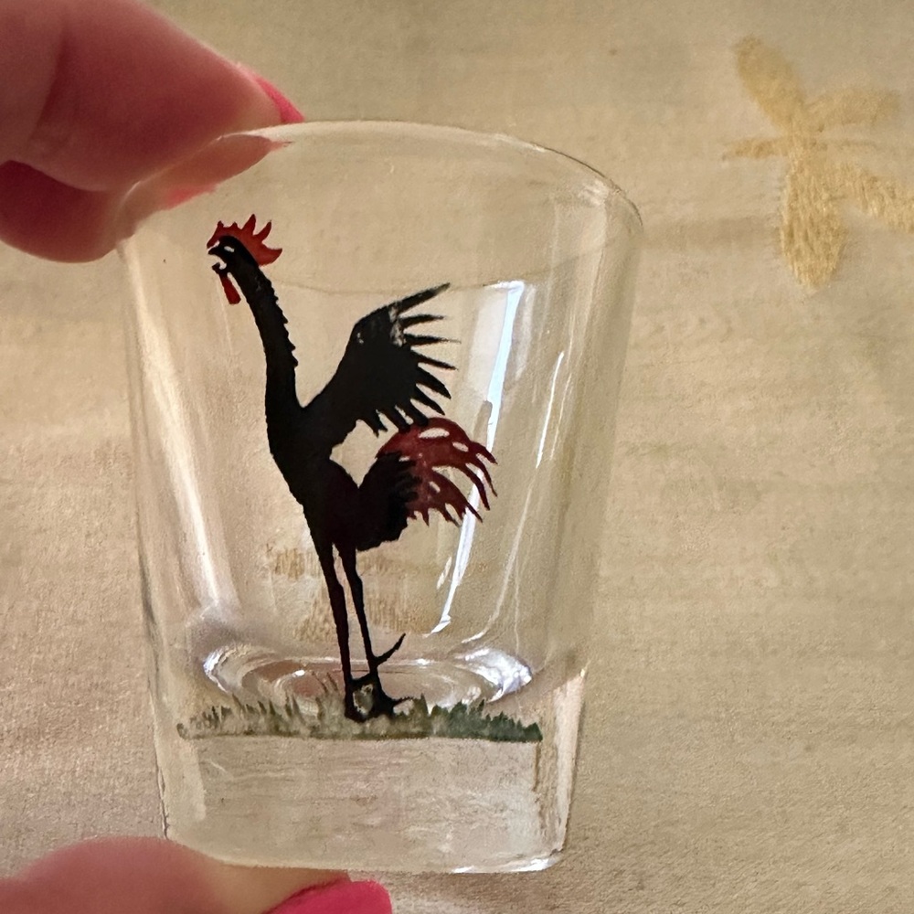 Vintage Clear Glass w/ Black Crowing Rooster Liquor Shot Glass.